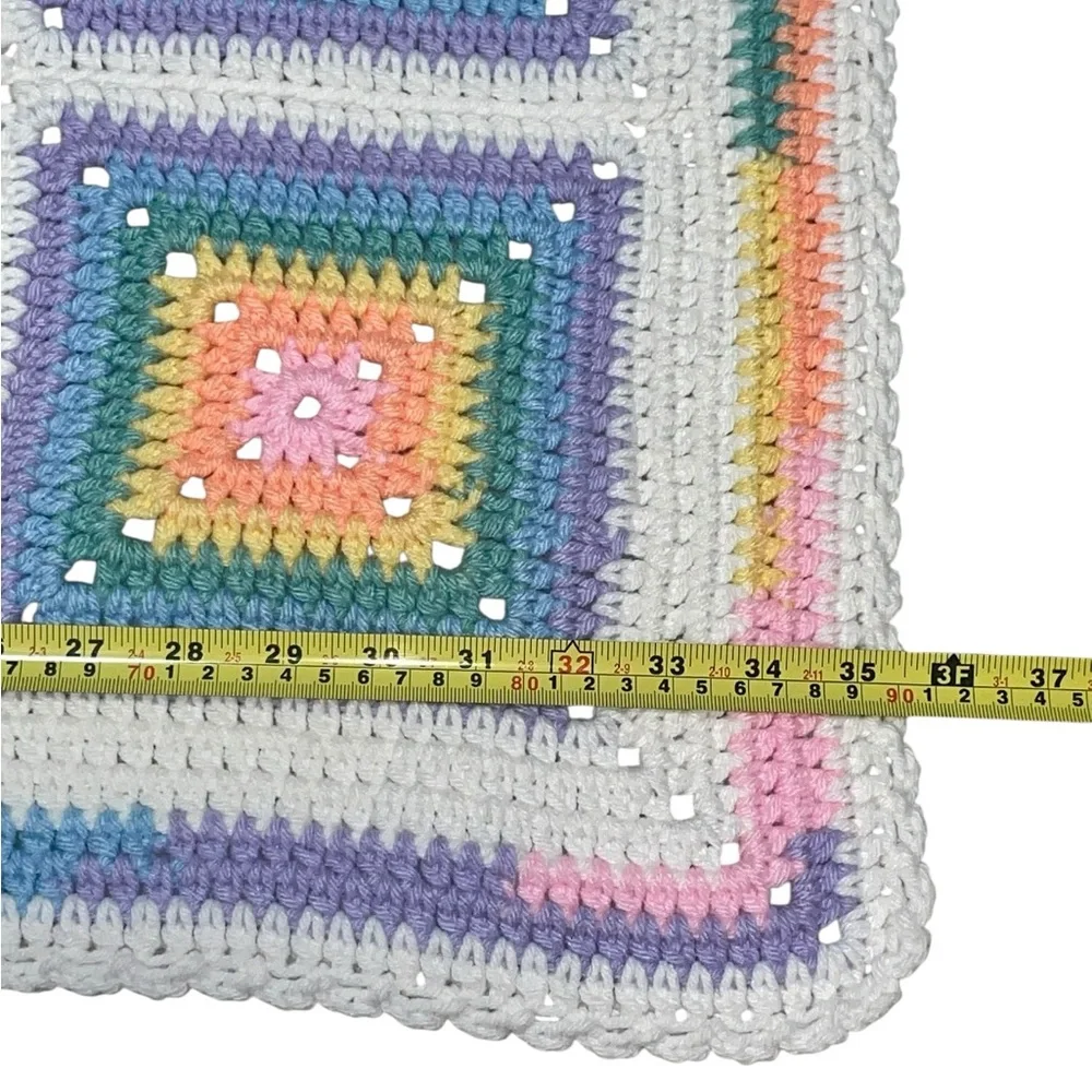 Vintage 70s  Square Granny Afghan Crochet Baby, Chair Blanket  35.5 Inches